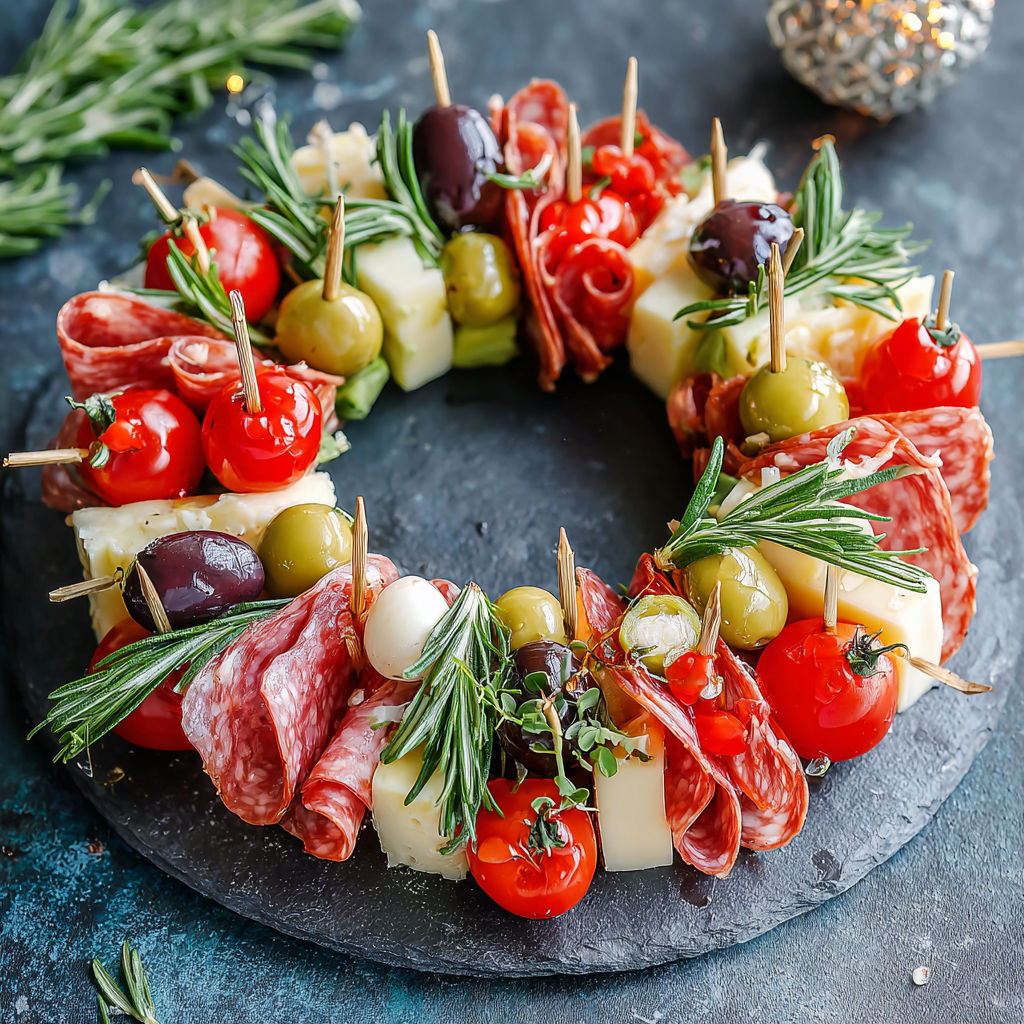 A charcuterie wreath made of meat and vegetables.