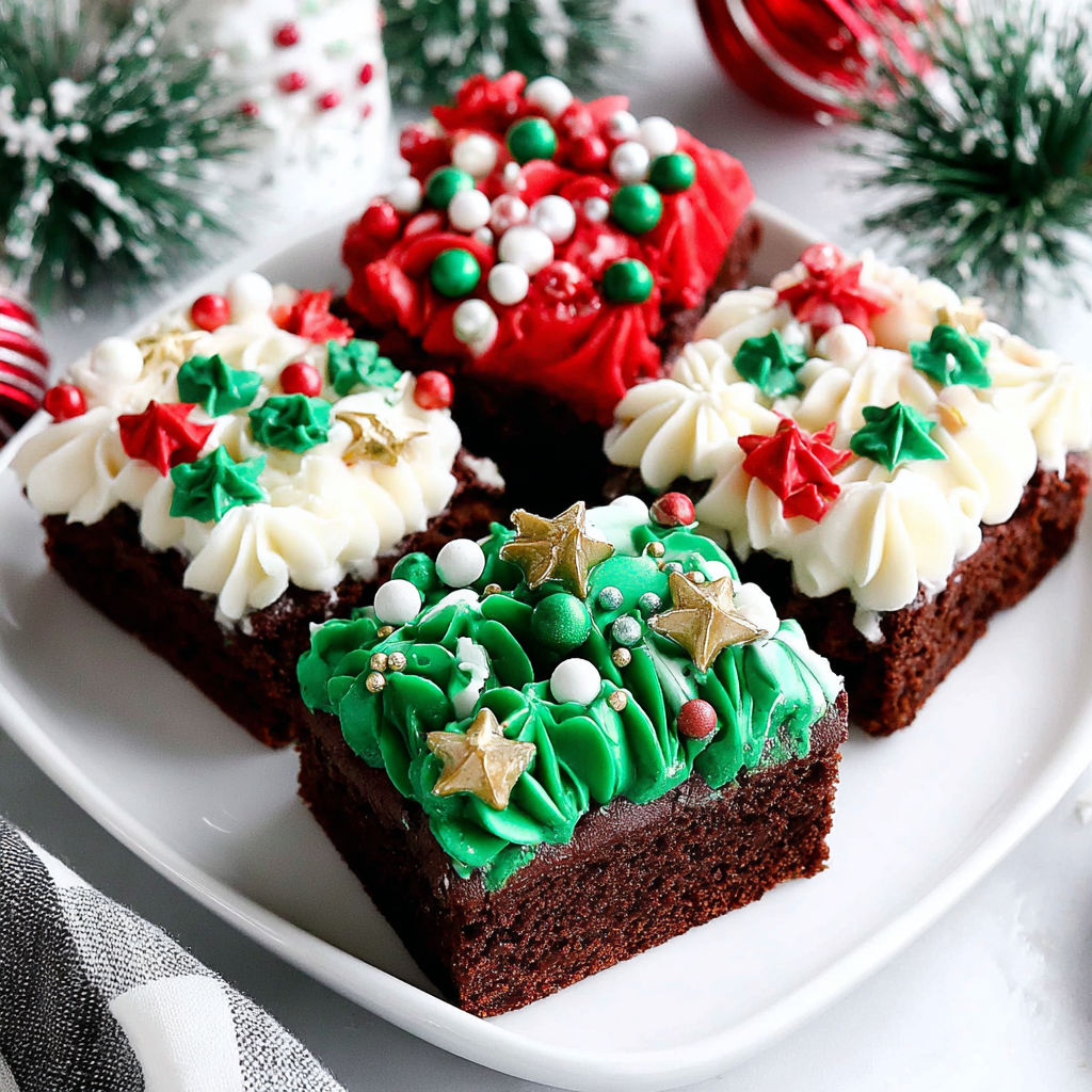 Four pieces of frosted Christmas brownies.