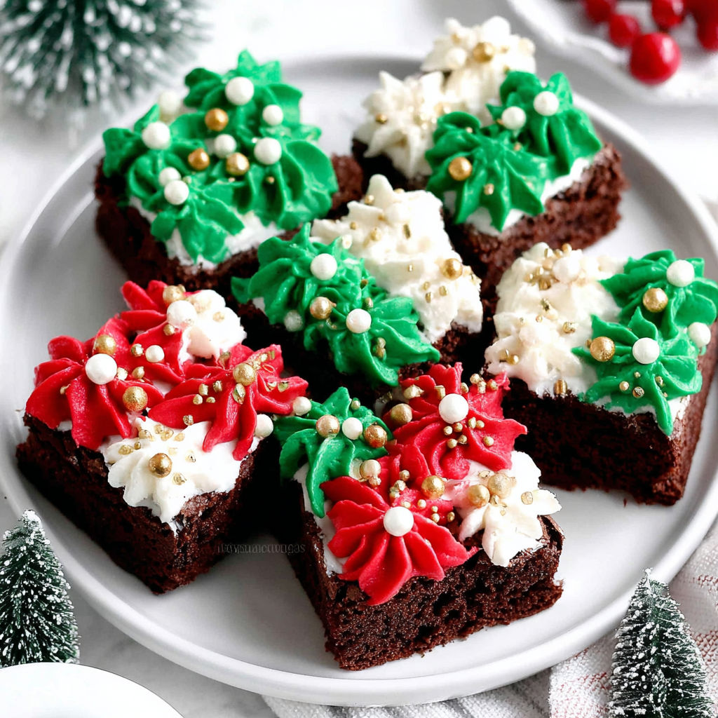 A plate of brownies with white frosting and gold balls.