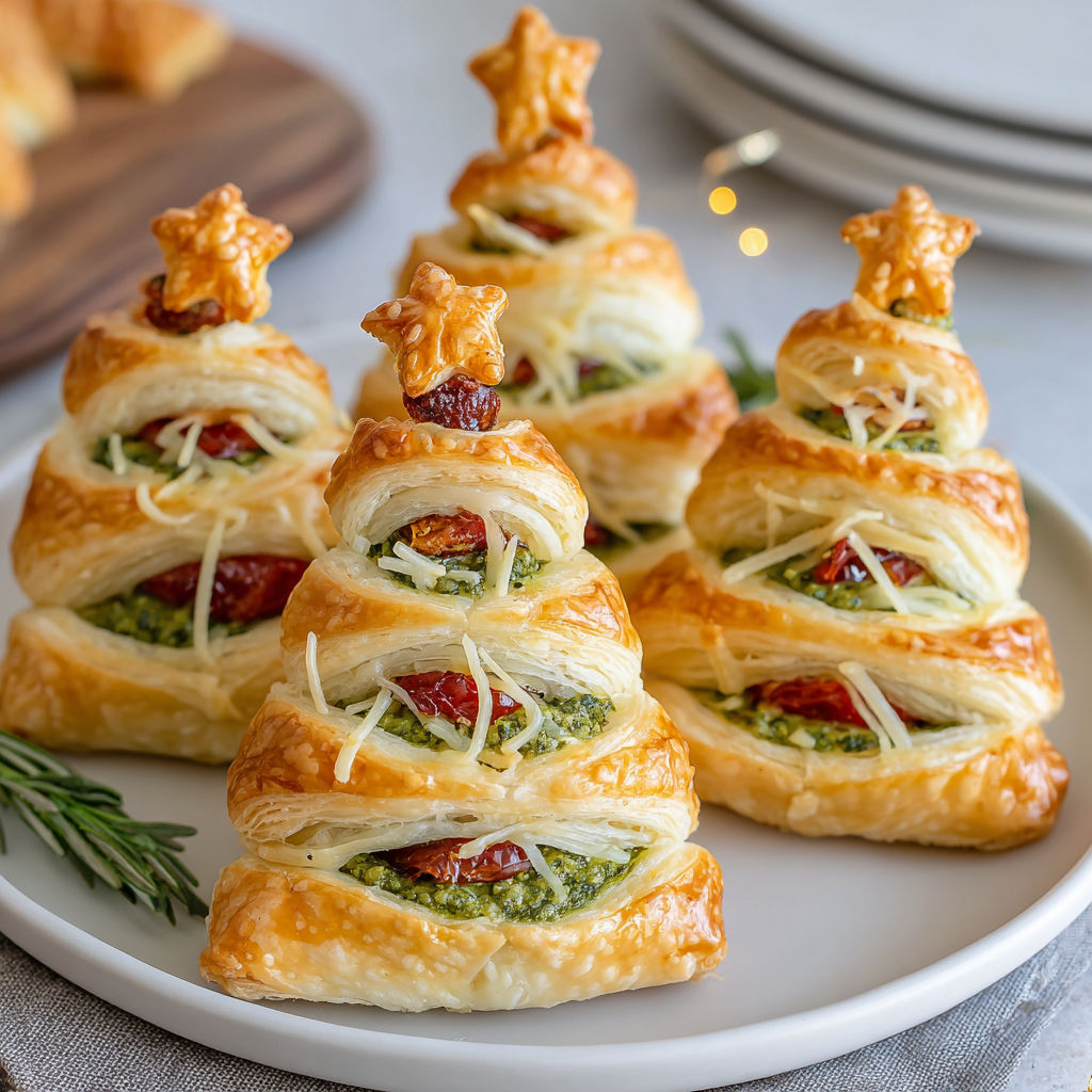 A plate of cheesy puff pastries shaped like Christmas trees.