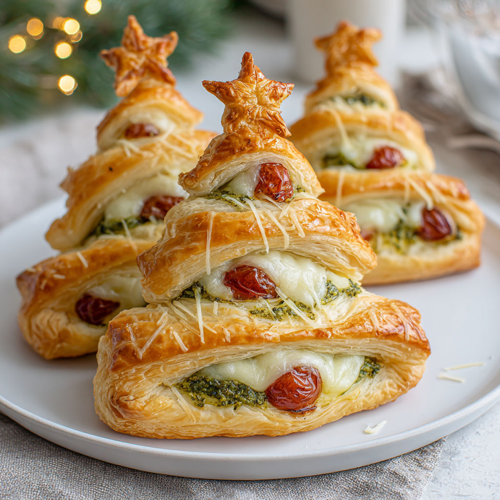 A plate of cheesy puff pastries shaped like Christmas trees.