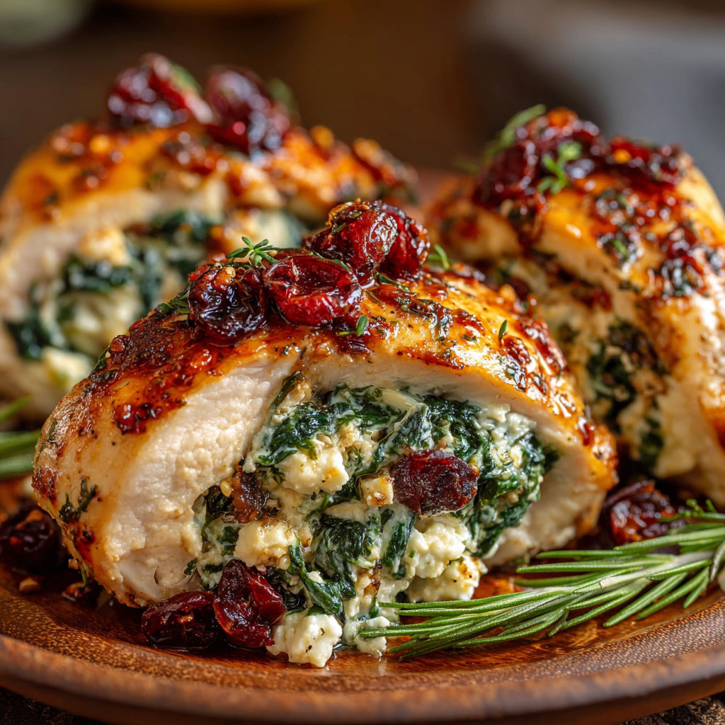Chicken breasts stuffed with spinach and cranberries.