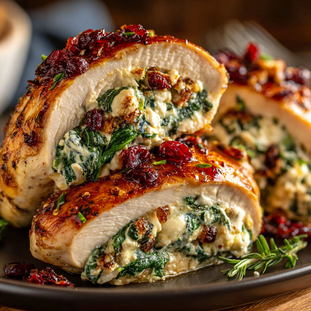 Spinach and cranberry stuffed chicken breasts.