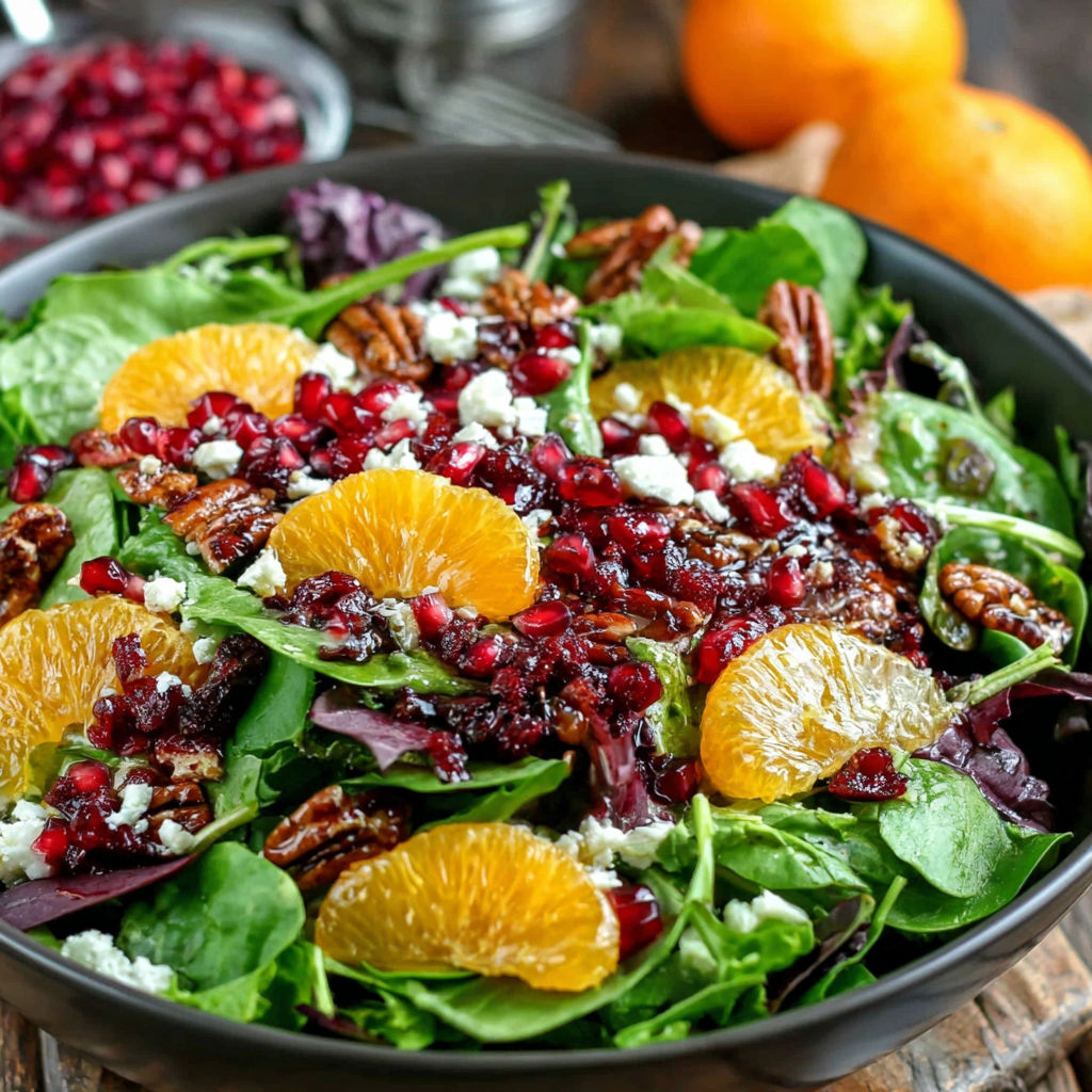 A bowl of salad with oranges, pomegranates, and spinach.