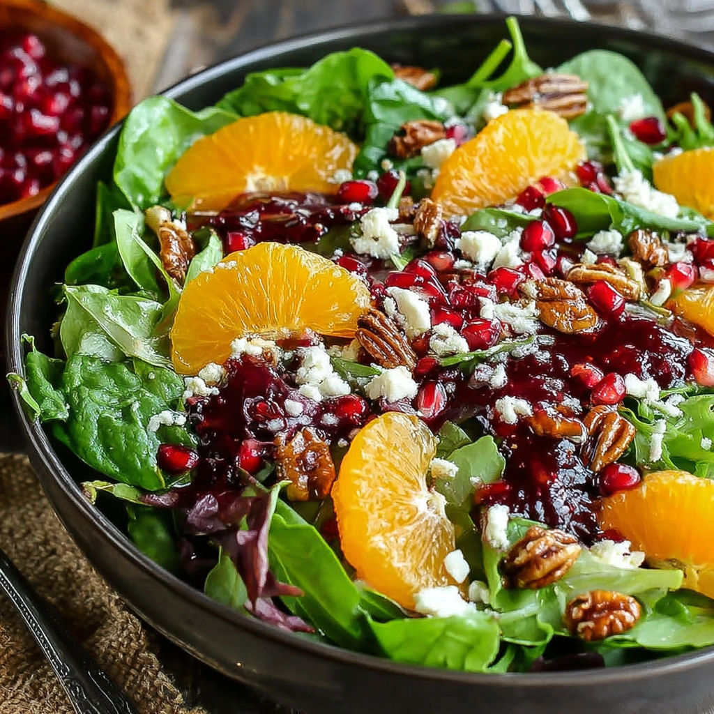 A bowl of salad with oranges, pomegranate, and blue cheese.