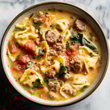 A bowl of soup with meatballs and pasta.