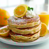 A stack of pancakes with lemon wedges on top.