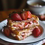A stack of French toast with strawberries on top.