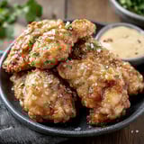 A plate of fried chicken with a dipping sauce.