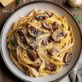 A bowl of pasta with mushrooms and cheese.