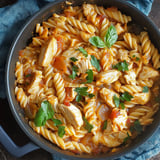 A bowl of pasta with chicken and tomatoes.