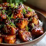 A bowl of teriyaki chicken with rice and green onions.