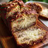 A slice of banana bread on a wooden cutting board.
