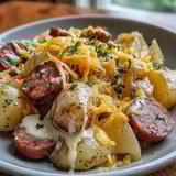 A plate of cheesy ranch potatoes and smoked sausage.