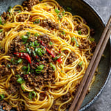 A bowl of Asian ground beef noodles.