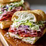 A sandwich with meat and vegetables on a wooden table.