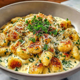 A bowl of gnocchi with a creamy sauce.