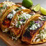 A plate of air fryer salmon tacos with slaw.