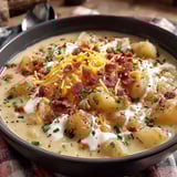 A bowl of soup with bacon and cheese.