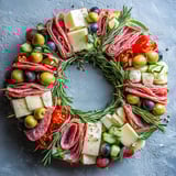 A charcuterie wreath made with various meats and cheeses.