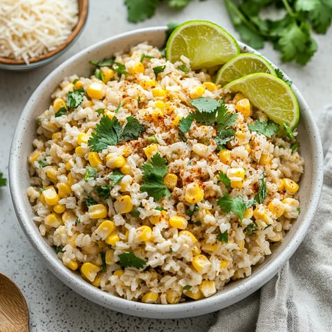 A bowl of rice with corn and lime.