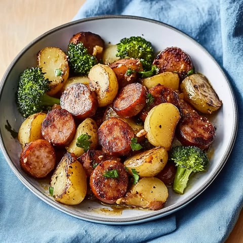 A bowl of food with sausage, potatoes, and broccoli.