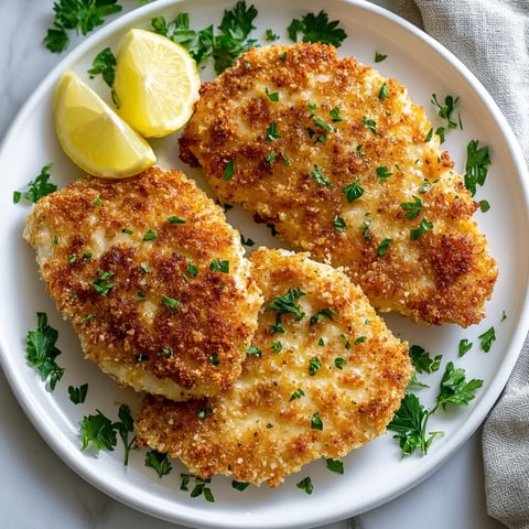 A plate of breaded chicken with lemon wedges on top.