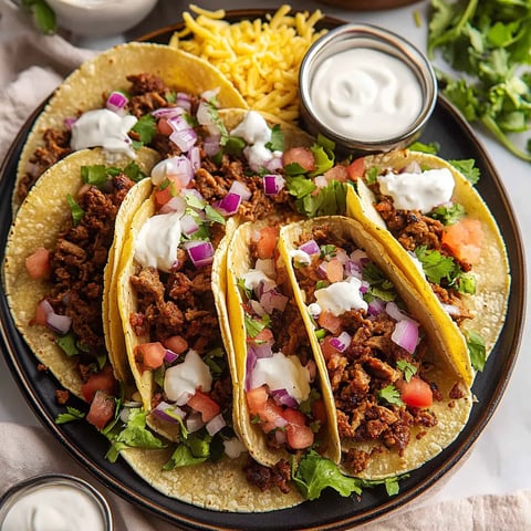 A plate of tacos with sour cream and tomatoes.
