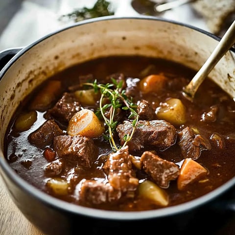 A bowl of beef stew with a sprig of parsley on top.