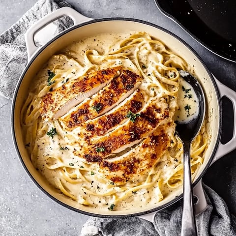 A bowl of pasta with chicken and sauce.