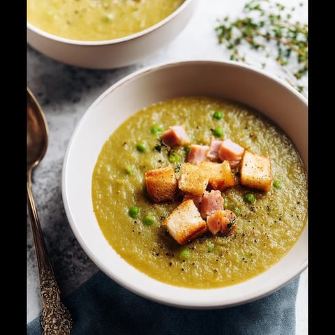A bowl of soup with peas and ham.