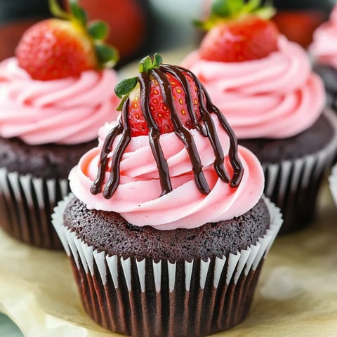 A cupcake with chocolate and strawberries on top.