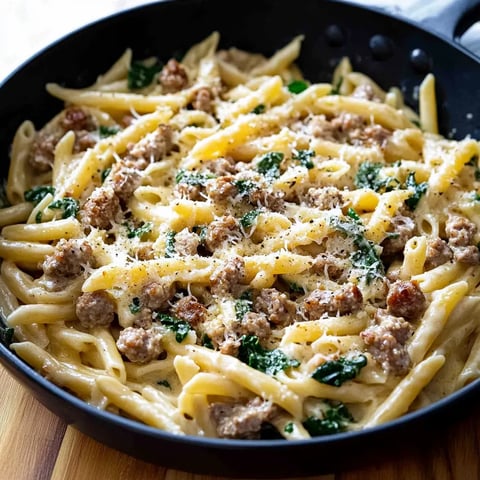 A bowl of pasta with meat and vegetables.