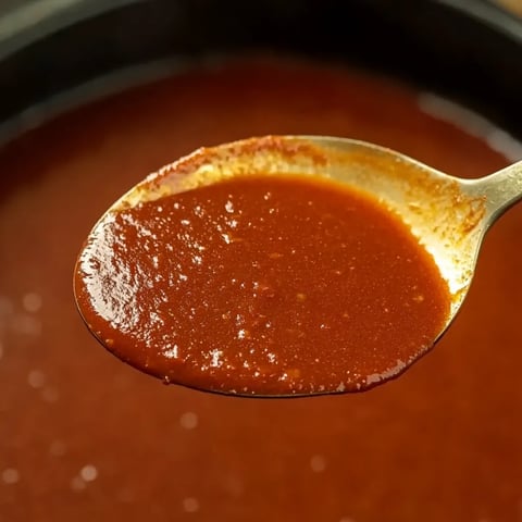 A spoon is in a bowl of sauce.
