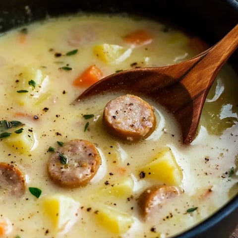 A bowl of soup with a wooden spoon in it.