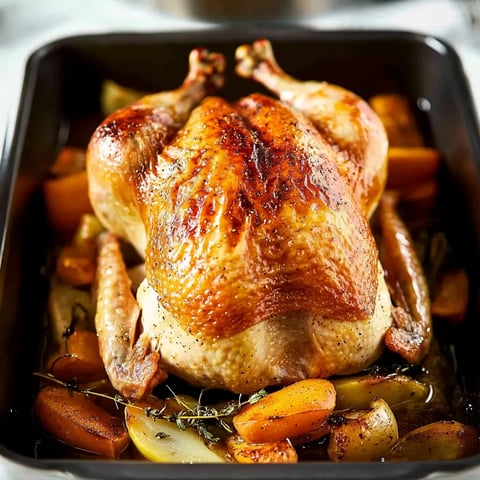 A roasted chicken with vegetables in a black dish.