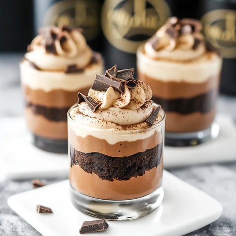 Three small chocolate desserts with whipped cream.