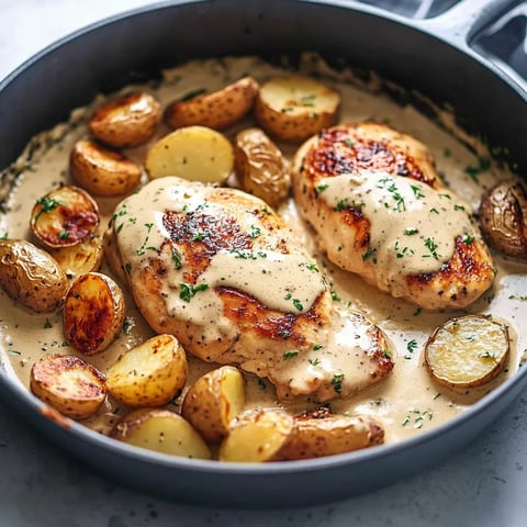 A pan of food with chicken and potatoes.