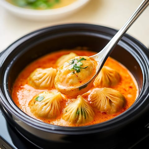A spoon is in a bowl of soup.