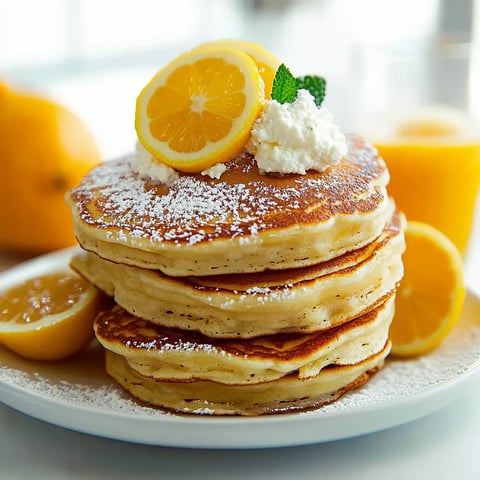 A stack of pancakes with lemon wedges on top.