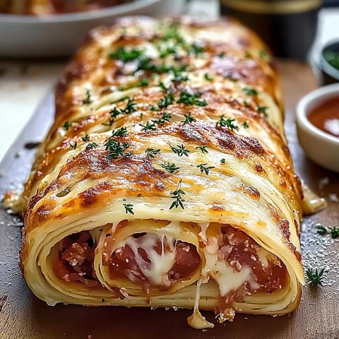 A long, cheesy, meat-filled pastry is on a wooden table.