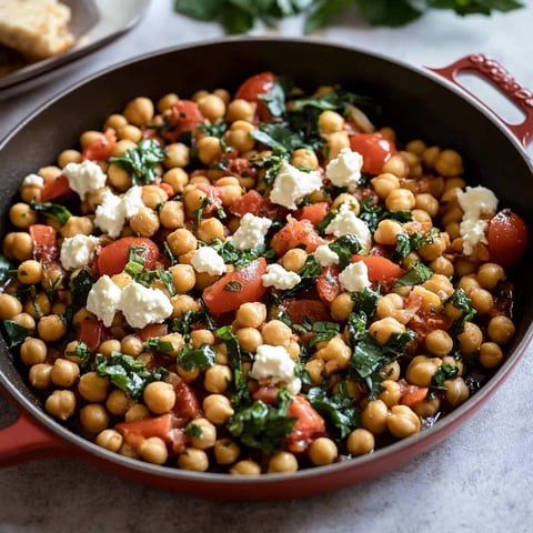 A bowl of food with tomatoes, chickpeas, and cheese.