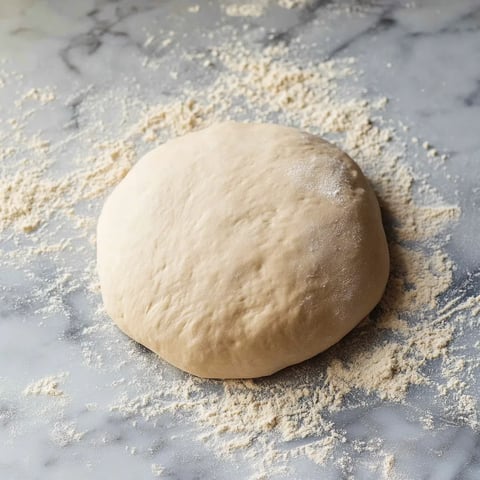 A dough ball on a marble counter.