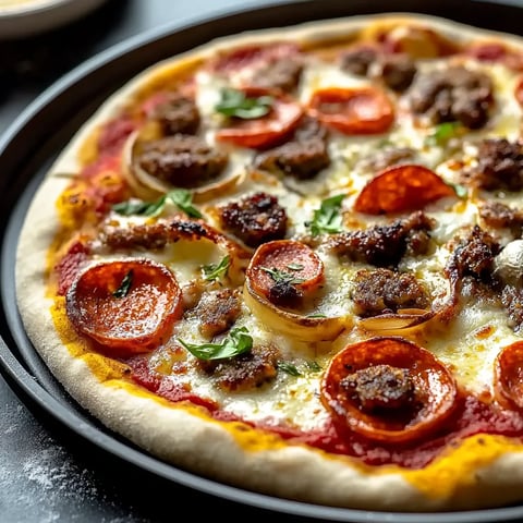 A pizza with pepperoni and sausage on top.