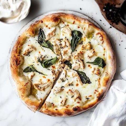 A pizza with chicken and spinach on top.