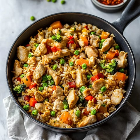 A bowl of rice with chicken and peas.