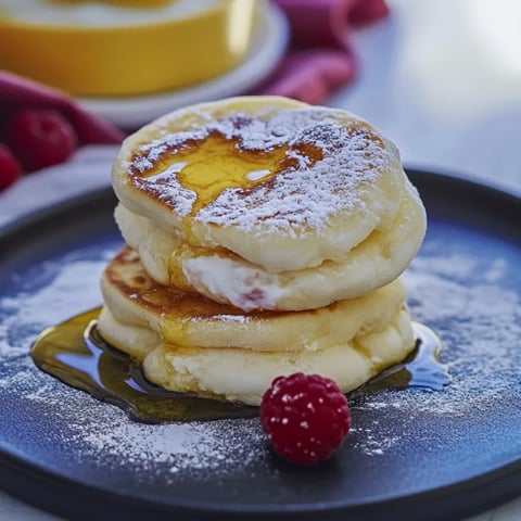 A stack of pancakes with powdered sugar and a raspberry on top.