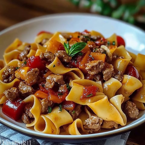 A plate of pasta with meat and tomatoes.