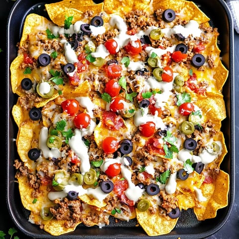A pan of nachos with olives, tomatoes, and cheese.