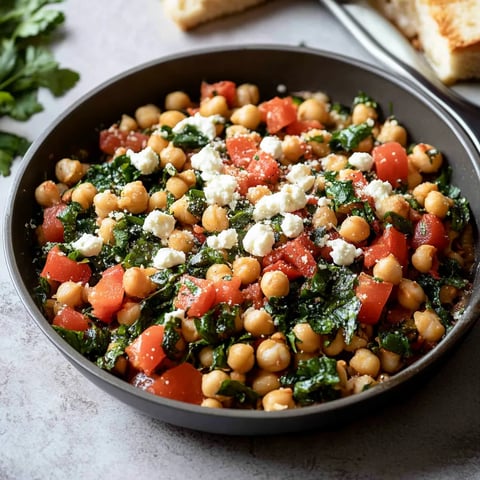 A bowl of food with tomatoes, chickpeas, and feta cheese.